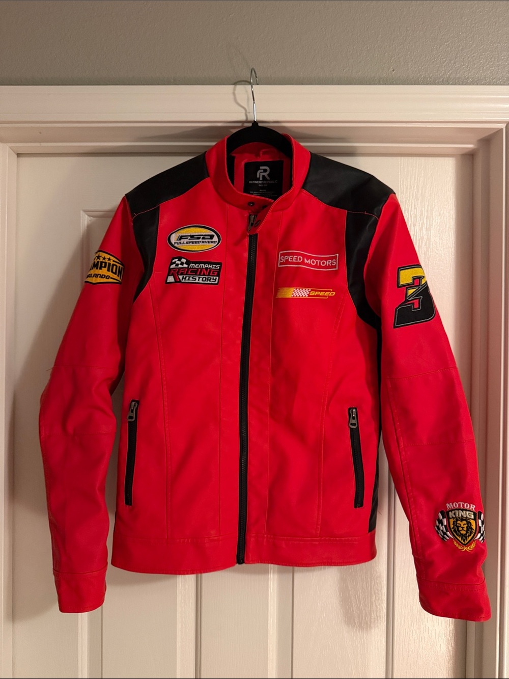 Men's Red Racing Bomber Jacket with Black Accents